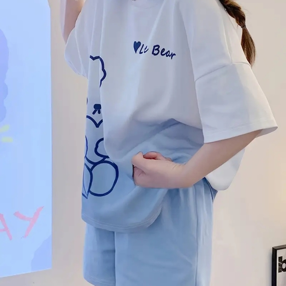 White and Blue Graphic T-Shirt and Shorts Set